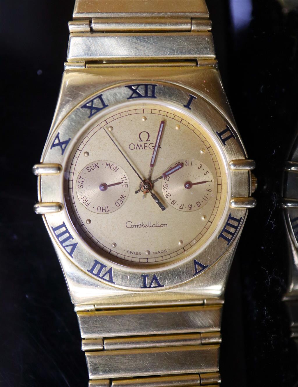 A gentlemans 1980s 18ct gold Omega Constellation quartz wrist watch,